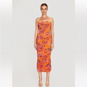 Sau Lee Farrah Dress Floral Ruched Midi Sz 4 Maximalist Mob Wife Romantic NWT